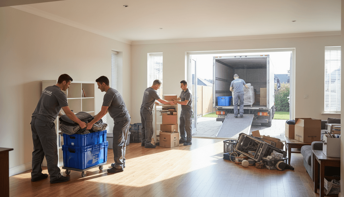 Équipe de débarras professionnel vidant une maison avec organisation et efficacité