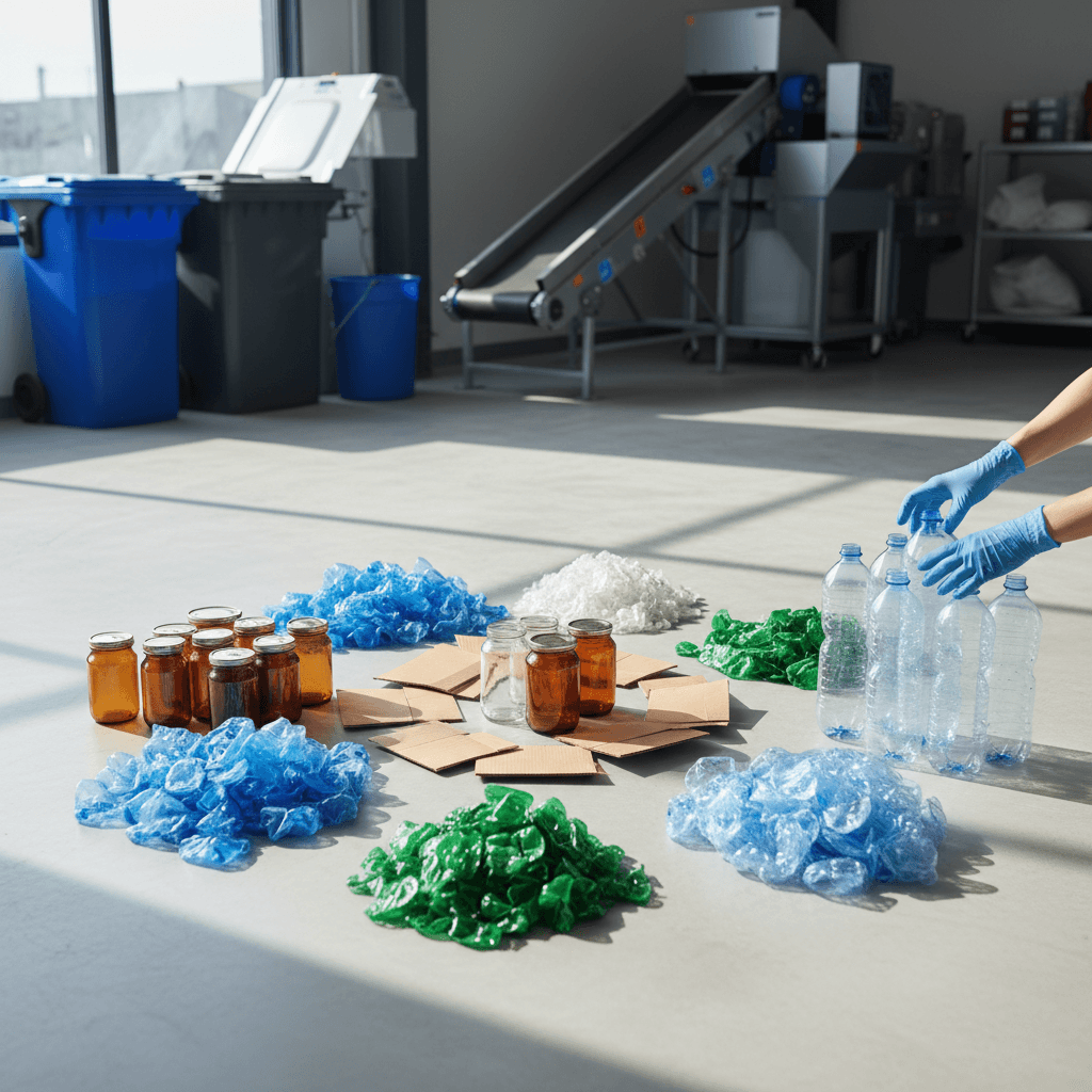 Overhead view of sorted recyclables—plastic bottles, cans, glass, and cardboard—with gloved hands placing a plastic bottle into organized piles