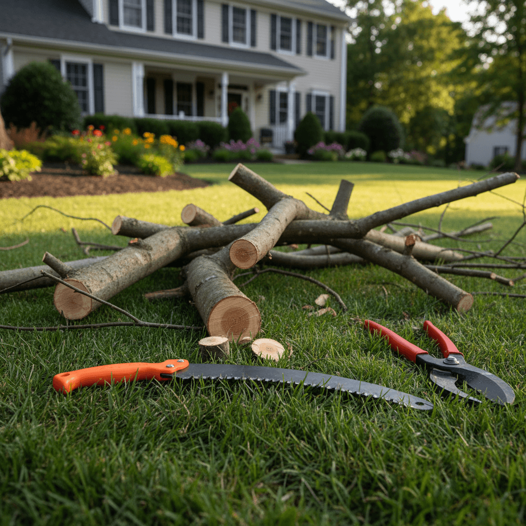 Branches coupées, scie et sécateur sur une pelouse verte devant une maison de banlieue.