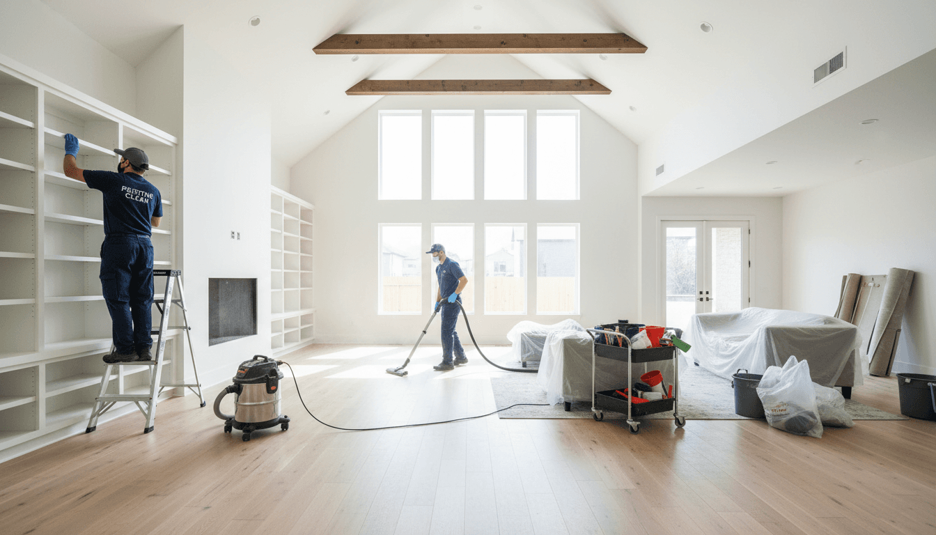 Two uniformed cleaners working in spacious living room during post-construction cleanup with natural light streaming through windows