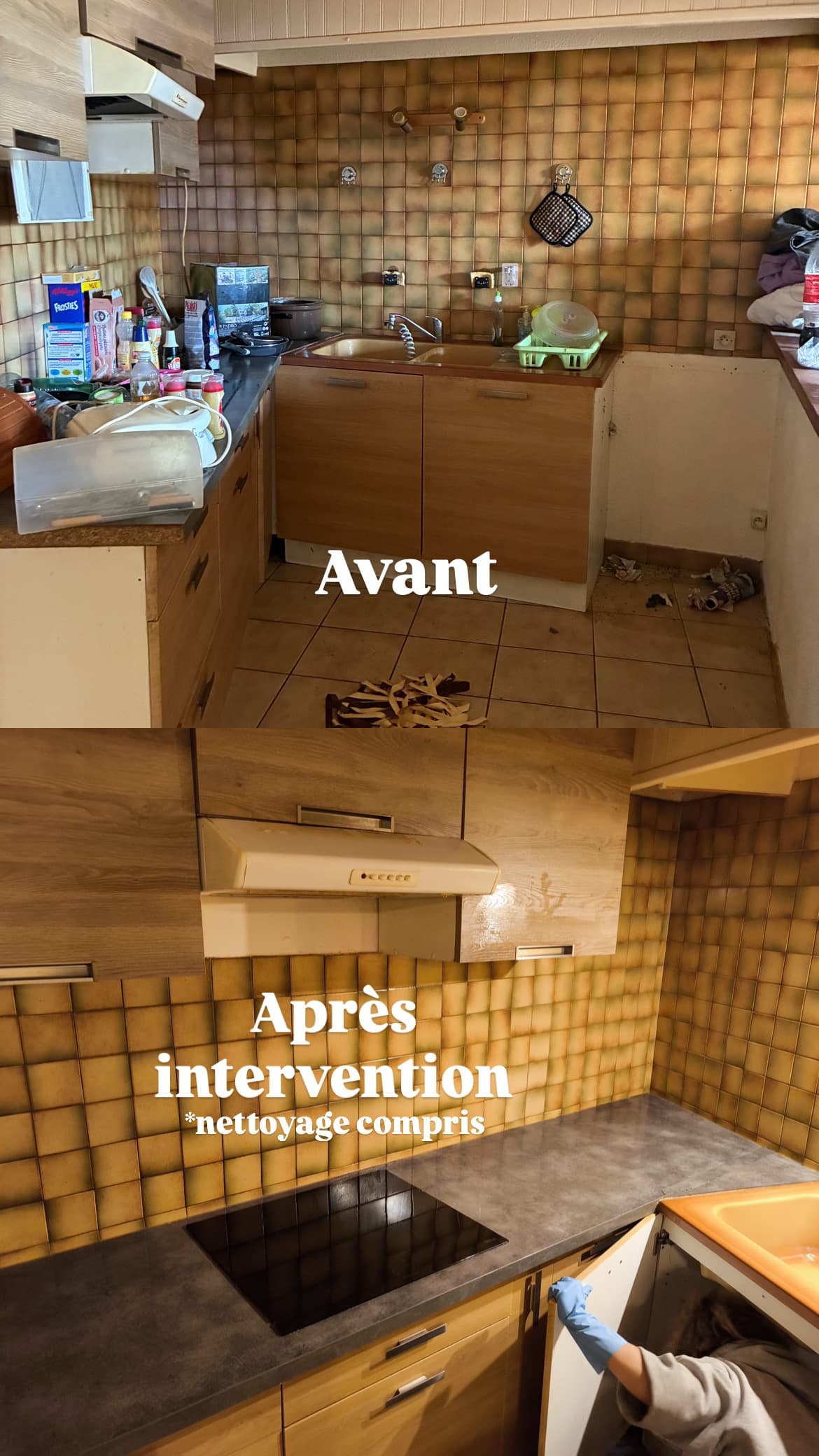 Cuisine avant et après : espace encombré transformé en plan de travail moderne et propre.