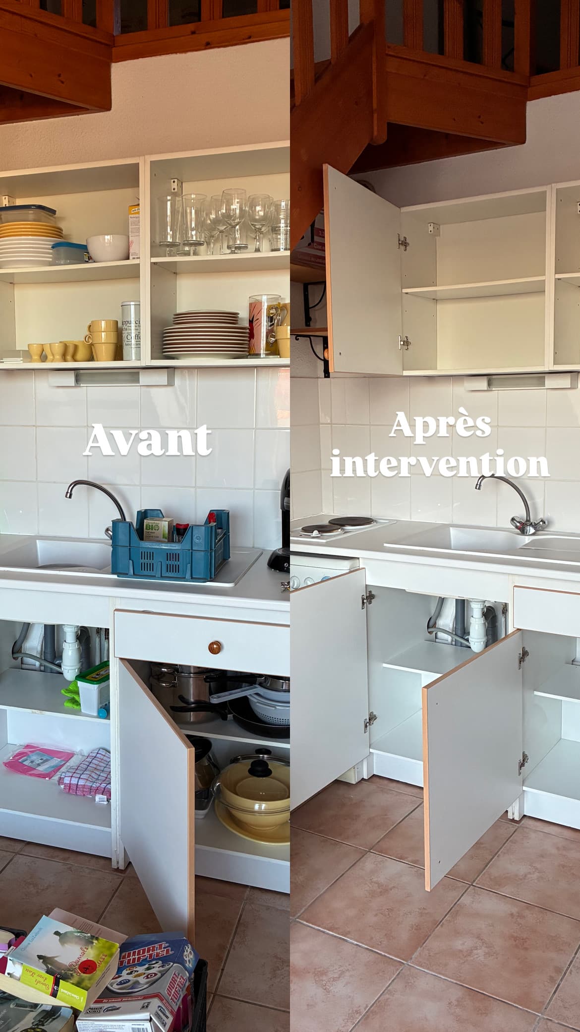 Comparaison avant et après d'une cuisine blanche, montrant des placards remplis puis totalement vidés.
