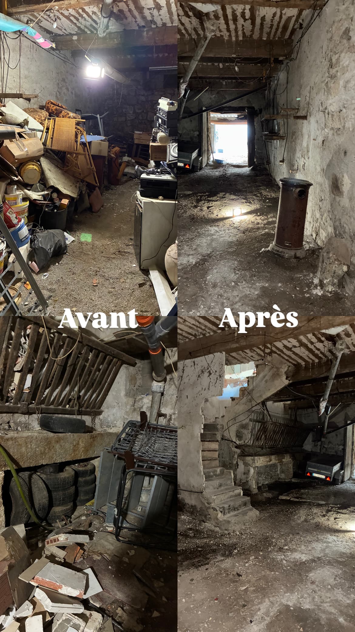 Photos avant et après montrant le nettoyage complet d'un sous-sol sombre et très encombré.