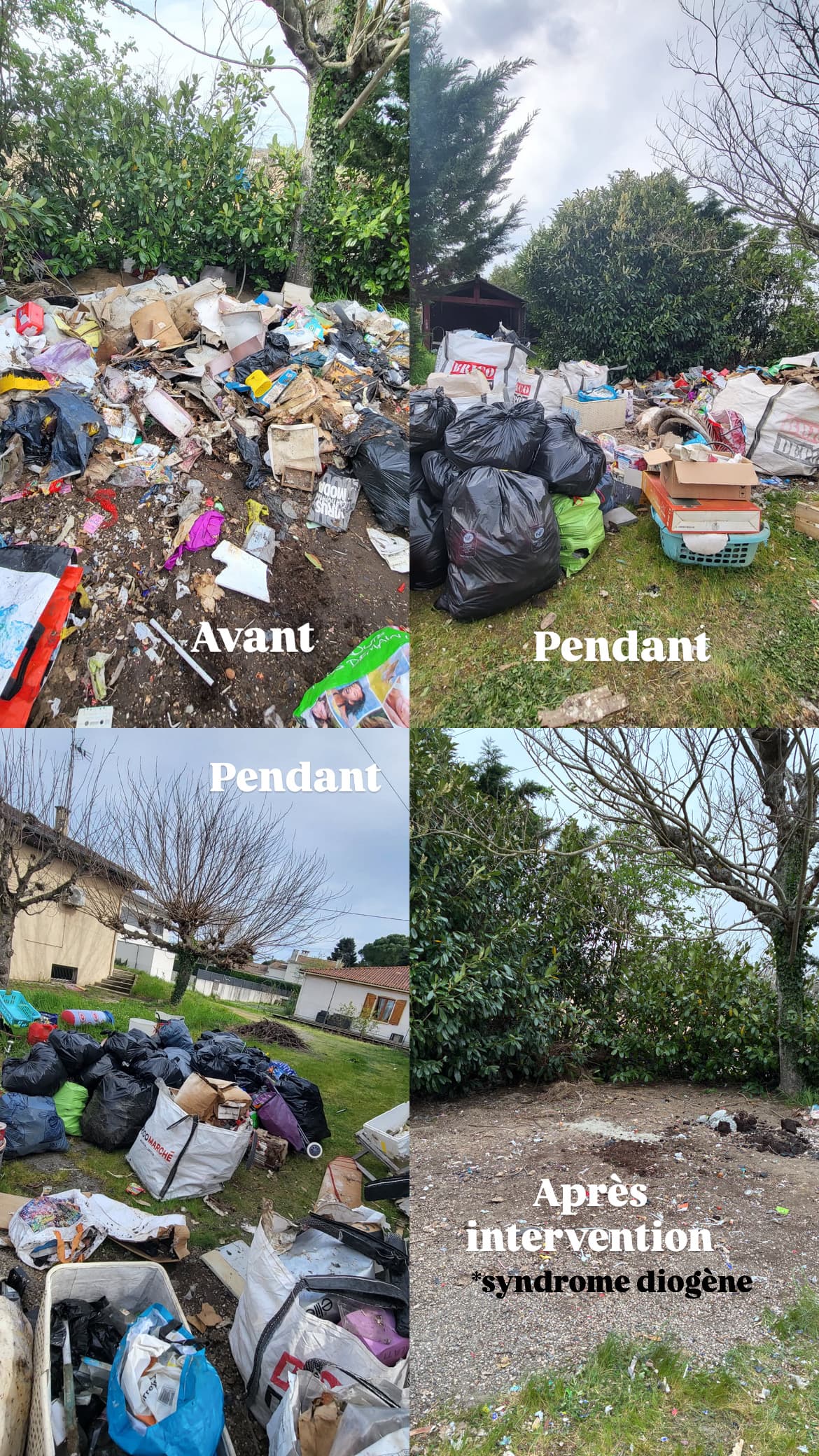 Nettoyage d'un jardin lié au syndrome de Diogène : avant, pendant et après l'intervention.