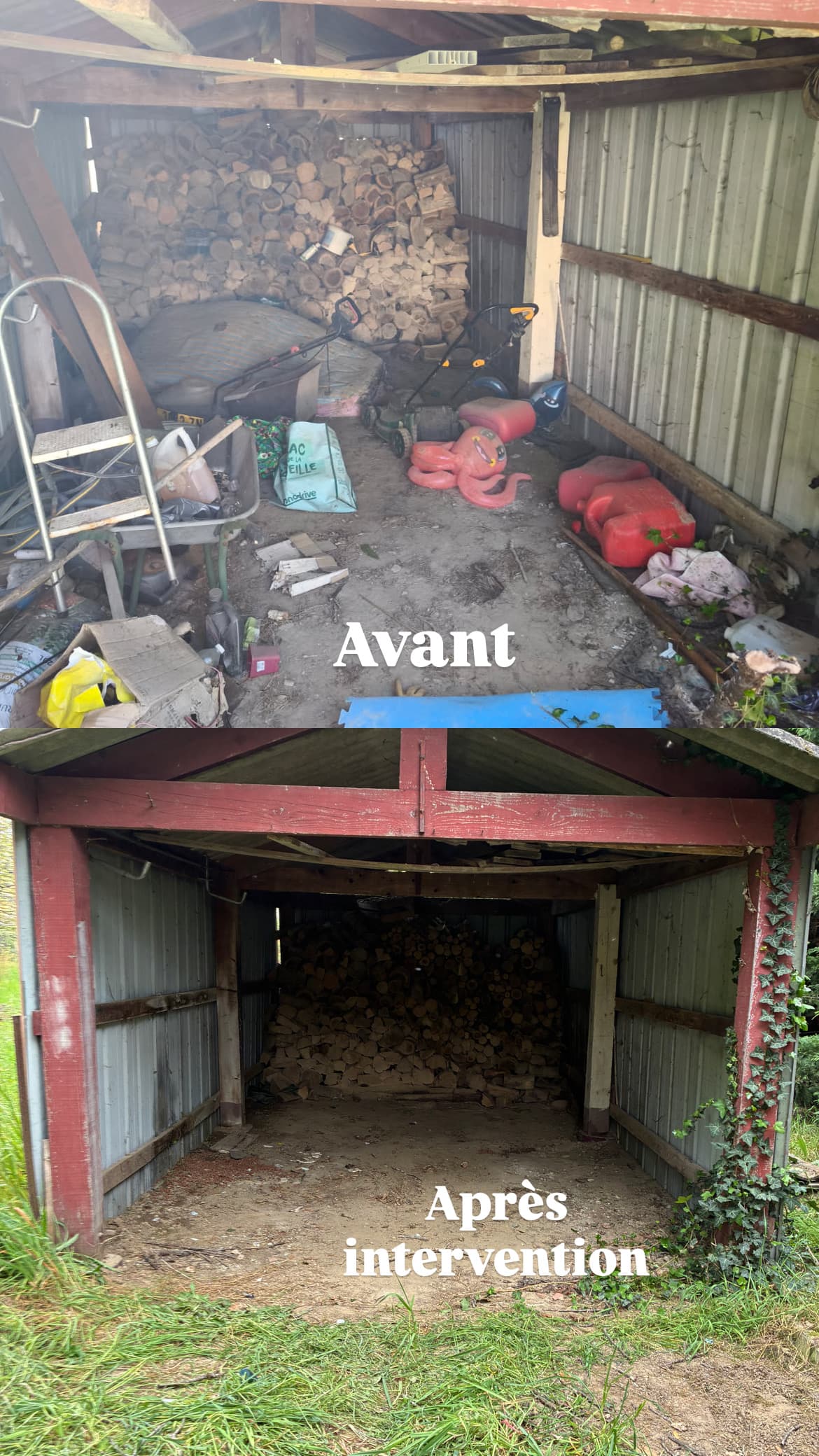 Comparaison avant et après d'un abri de jardin encombré puis nettoyé avec bois empilé.