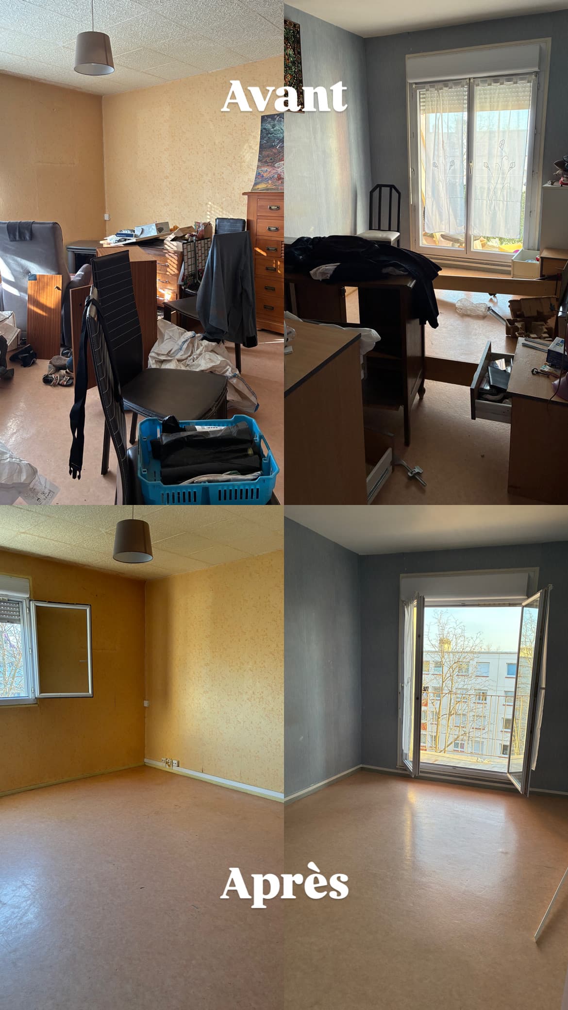 Comparaison avant et après d'une pièce encombrée transformée en un espace vide et lumineux.